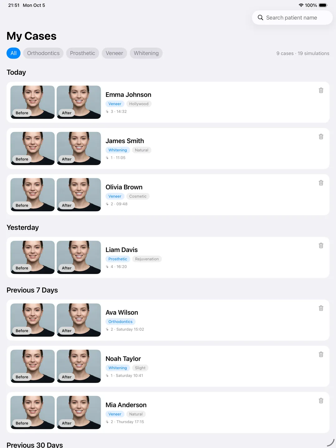 DentAI on iPad: the case list with before and after thumbnails